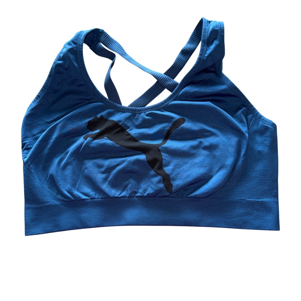 Puma Sports Bra 2X Blue Seamless‎ Criss Cross Back Cat Logo Activewear